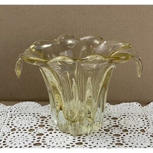 Teleflora Glass Vase Sculpture Yellow Clear Scalloped Top Ribbed 6.25"Tx6"D Vtg